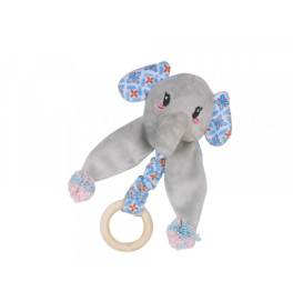 PLUSH ELEPHANT WITH CATIP WITH WOODEN RING BLUE 16CM