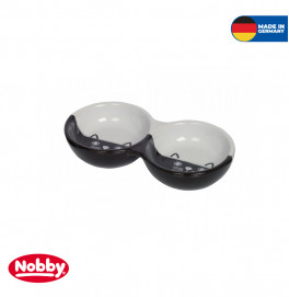 Cat ceramic double bowl "FACE" black/white 22 x 11,5 x 3,5 cm; 2 x