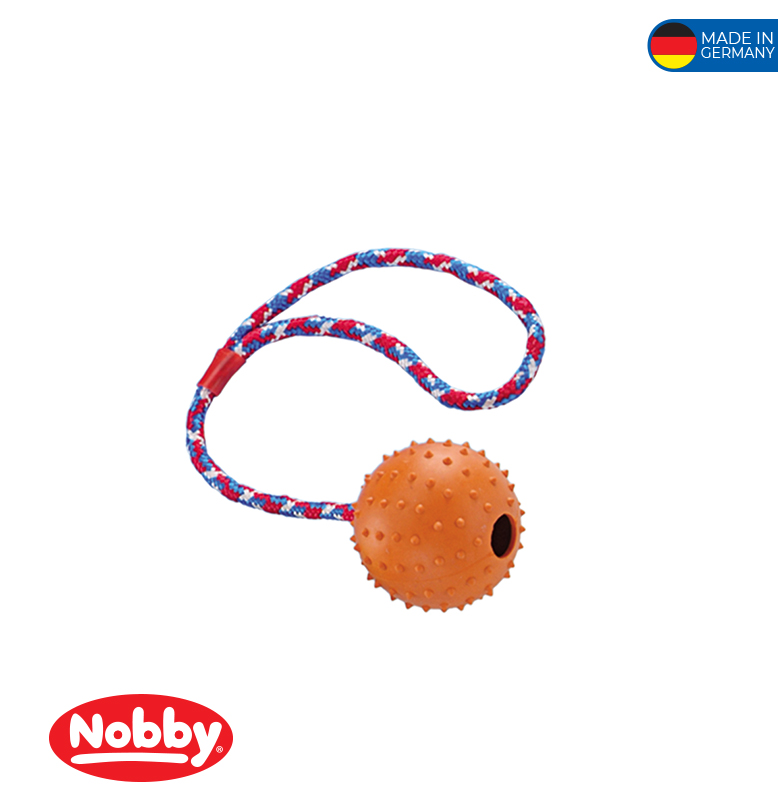 Rubber ball with nops, bell and rope assorted colours 7cm